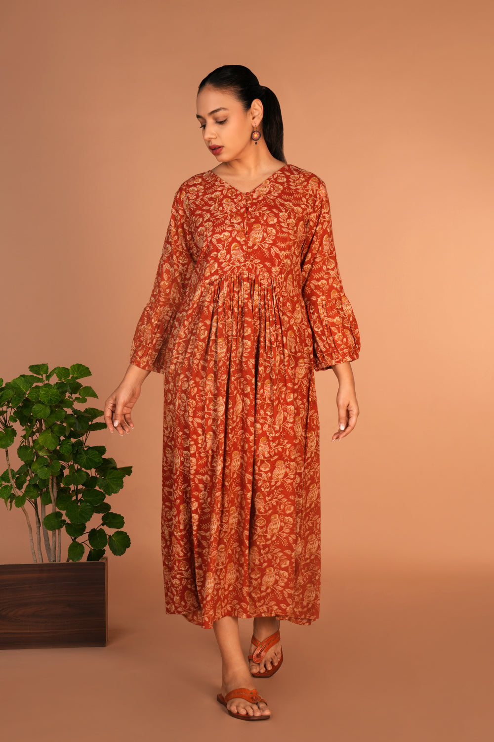 Image of Peach Kalamkari hand block printed dress